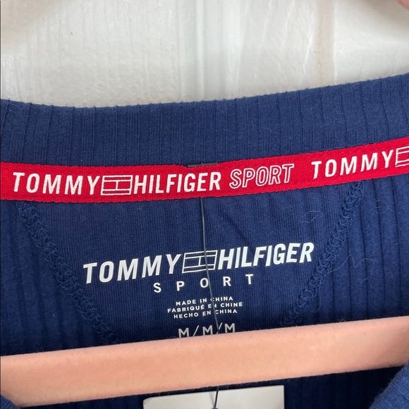 TOMMY HILFIGER SPORT BLUE CREWNECK RIBBED LONG SLEEVE CROP CENTRAL LOGO TOP SZ M - Picture 6 of 8